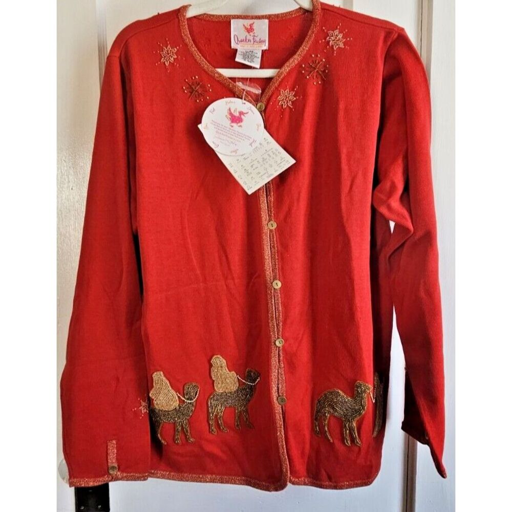 NWT Vtg Quacker Factory Christmas metallic bead nativity scenes red cardigan XL